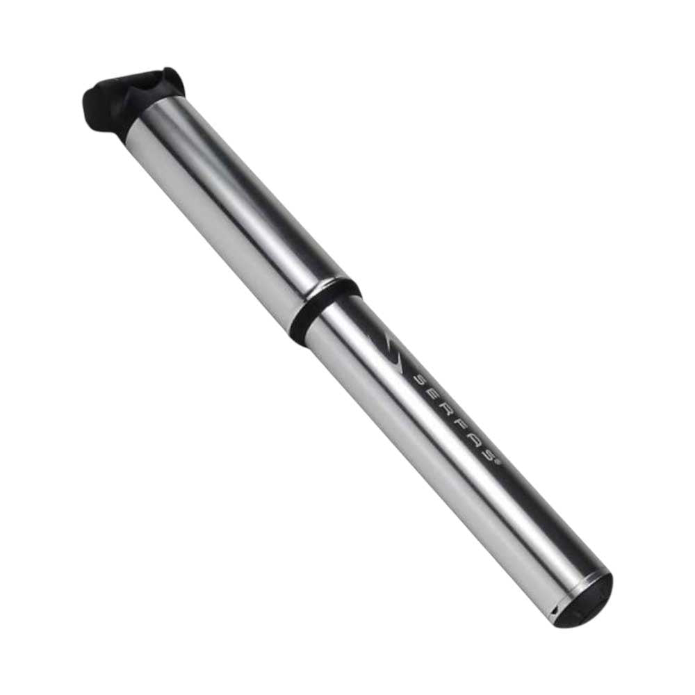 The Serfas MP-5 Half Stick Quick Draw Mini Pump, a compact silver bike pump with black plastic ends, is shown on a white background. “Serfas” is printed on the metal body, ideal for cyclists needing quick tire inflation on the go.