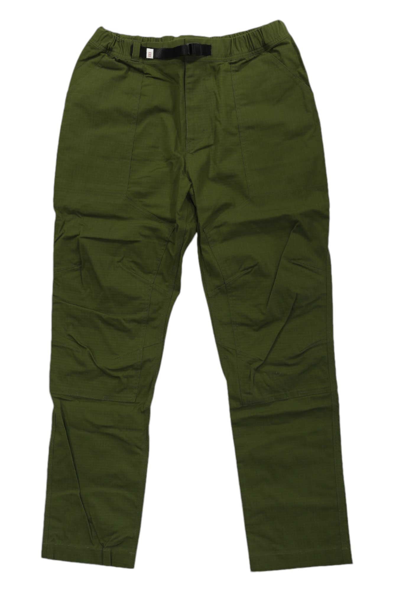 Men's olive green ripstop mountain pants with cargo pockets and drawstring waist