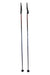 Pair of ski poles with black handles, red speckle along shafts, and pointed tips