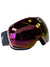 Julbo ski goggles with dark frame, purple mirrored lens, pink/grey padded strap, side logo