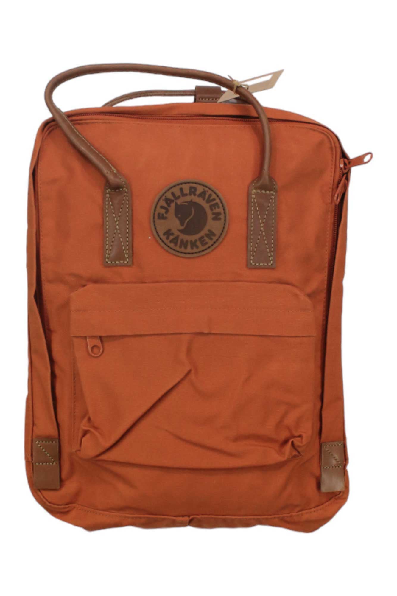 The Fjallraven Kanken No.2 Backpack is a rectangular burnt-orange bag made of durable G-1000 HeavyDuty fabric, with a front zipper pocket, two top handles, and a round logo patch featuring a fox and the brand name.