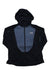 The Kari Traa Women’s Tirill 2.0 Jacket in black features a blue-gray front panel, a small white logo on the left chest, and is made from recycled polyester. It is shown flat against a white background.
