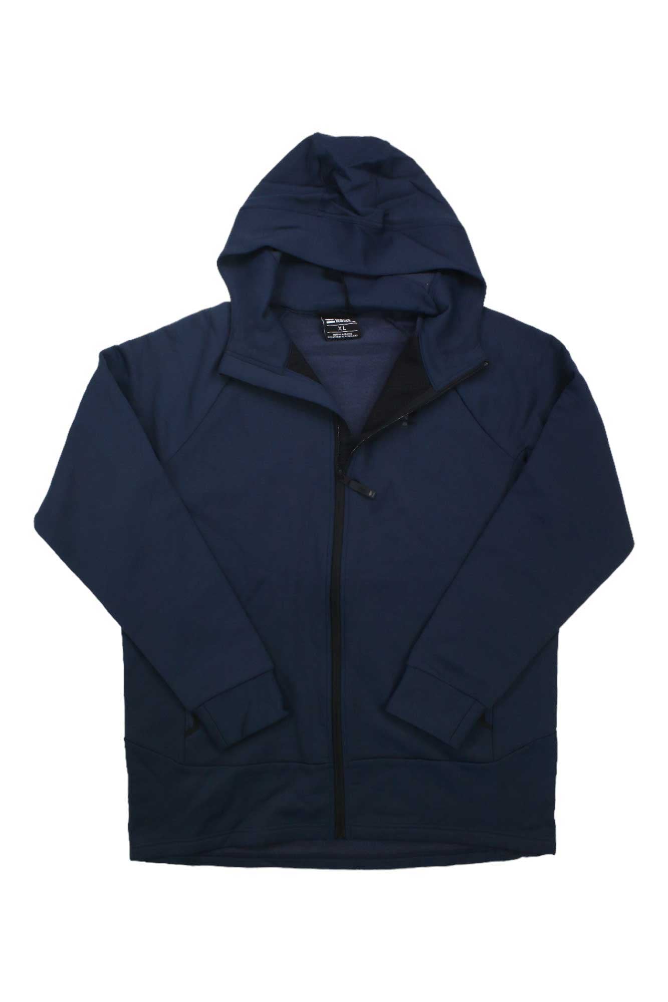 The Mons Royale Men's Nevis Merino Fleece Hoodie in navy blue is a men's outdoor midlayer with a front zipper, long sleeves, and ribbed cuffs, shown laid flat on a white background.