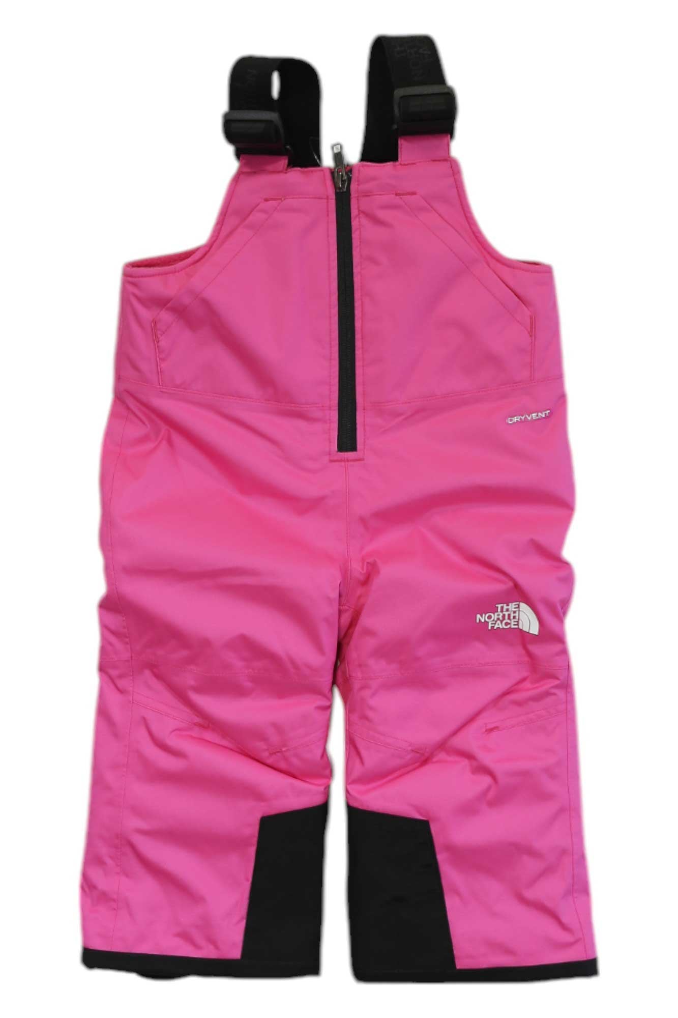 The North Face Toddlers Freedom Insulated Bib features bright pink waterproof snowboard pants with black adjustable straps, a front zipper, black reinforced inner hems, and the logo on the left leg for all-day comfort and warmth.