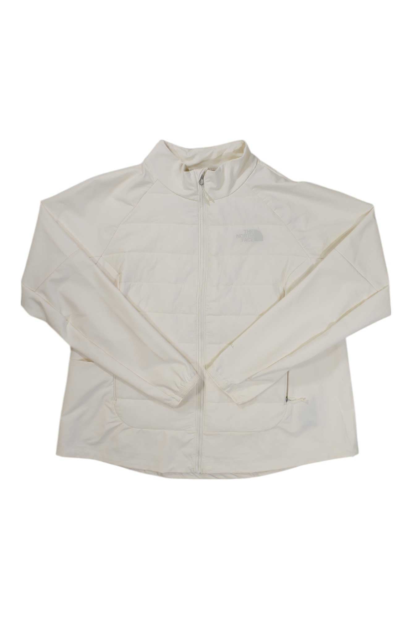 The North Face Womens Plus Shelter Cove Hybrid Jacket is a white, long-sleeve hybrid jacket with a high collar and subtle chest logo, shown laid flat on a plain background.