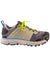 The Danner Womens Trail 2650 Campo 3 Inch Shoe features a beige, gray, and black design with neon yellow-green laces, blue heel pull tab, Vibram outsole, and TRAIL 2650 CAMPO text—ideal as a lightweight hiking shoe for any adventure.