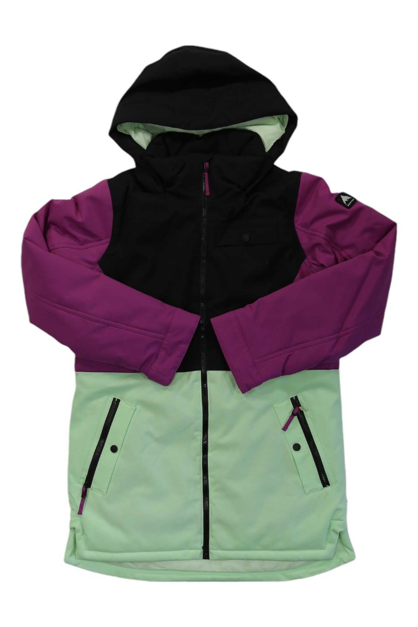 The Burton Girls Khione Jacket is a stylish kids' outdoor jacket with a black hood and top, purple sleeves and shoulders, a light green lower section, insulation, front zipper, zippered pockets, and a relaxed fit for comfort.
