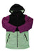 The Burton Girls Khione Jacket is a stylish kids' outdoor jacket with a black hood and top, purple sleeves and shoulders, a light green lower section, insulation, front zipper, zippered pockets, and a relaxed fit for comfort.
