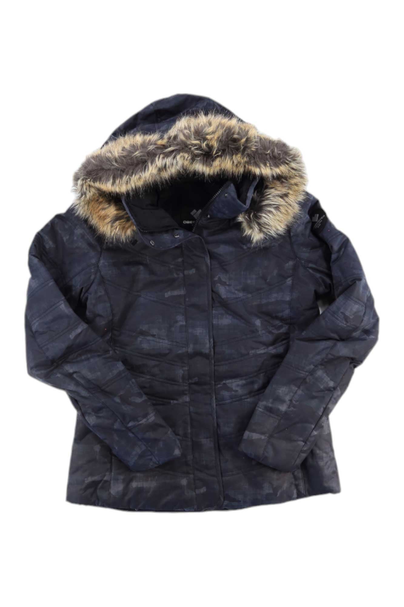 The Tuscany II Jacket is a black ski coat with long sleeves, a brown faux fur-lined hood, and a subtle pattern, shown flat on a white background.