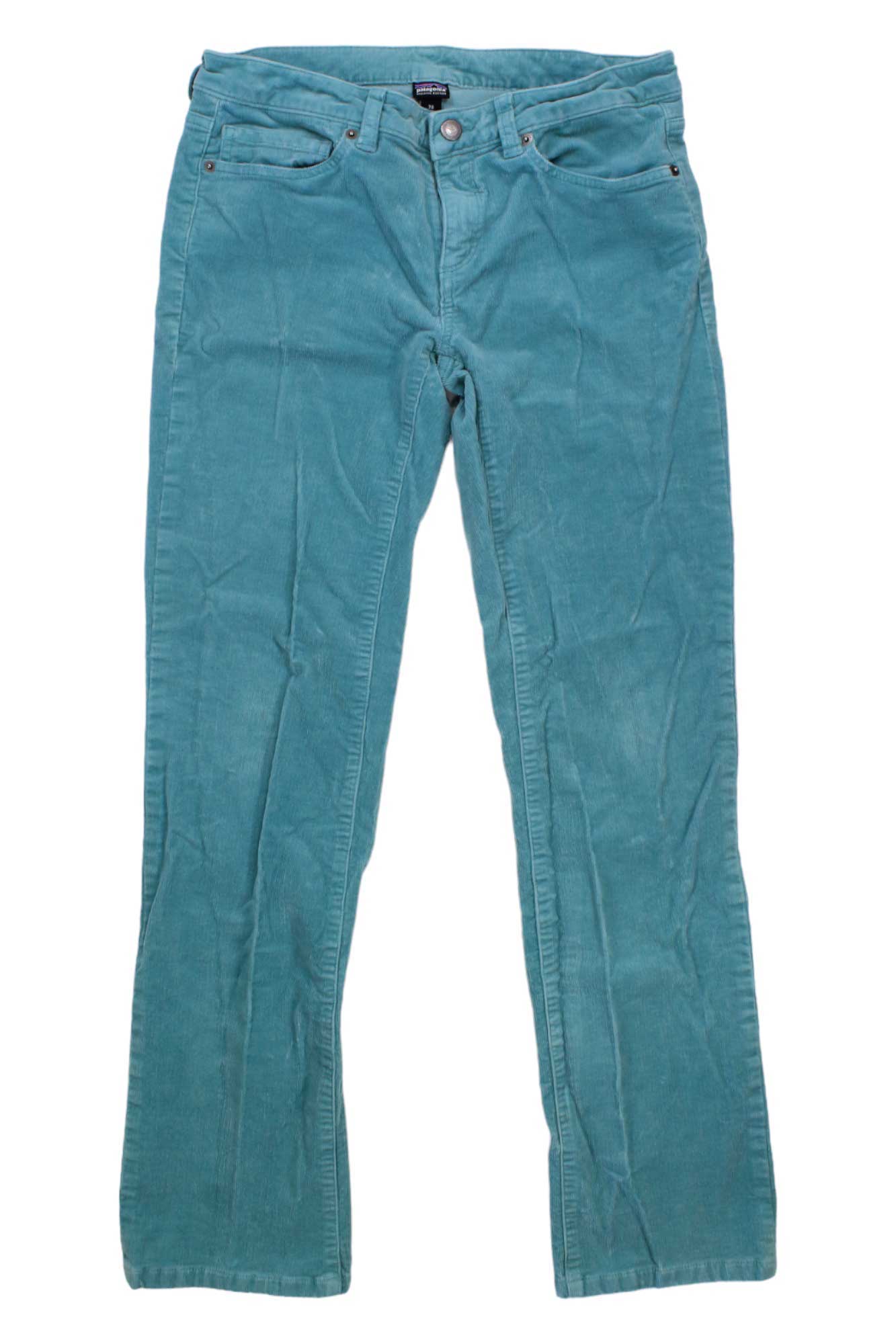 Women's teal corduroy regular pants with button fly and front pockets