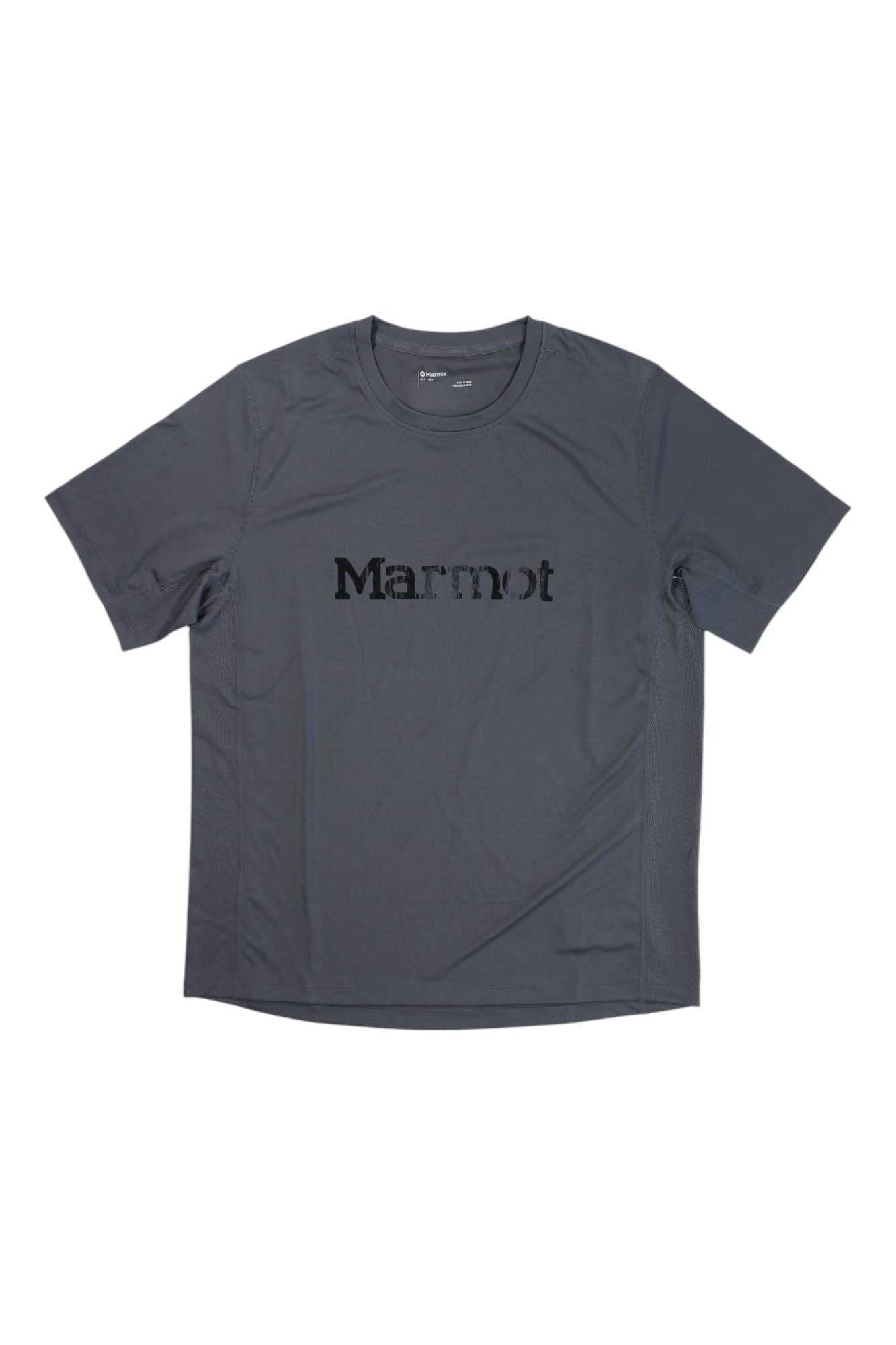 Men's dark gray short-sleeve crewneck t-shirt with Marmot logo on chest
