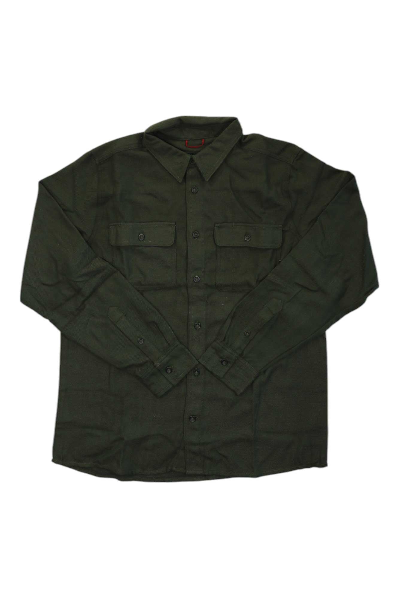 The Outdoor Research Mens Feedback Flannel Twill Shirt in dark green features long sleeves, a collar, and two chest pockets, shown laid flat on a white background.