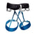 Climbing harness with padded black waist belt and bright blue leg loops, buckles