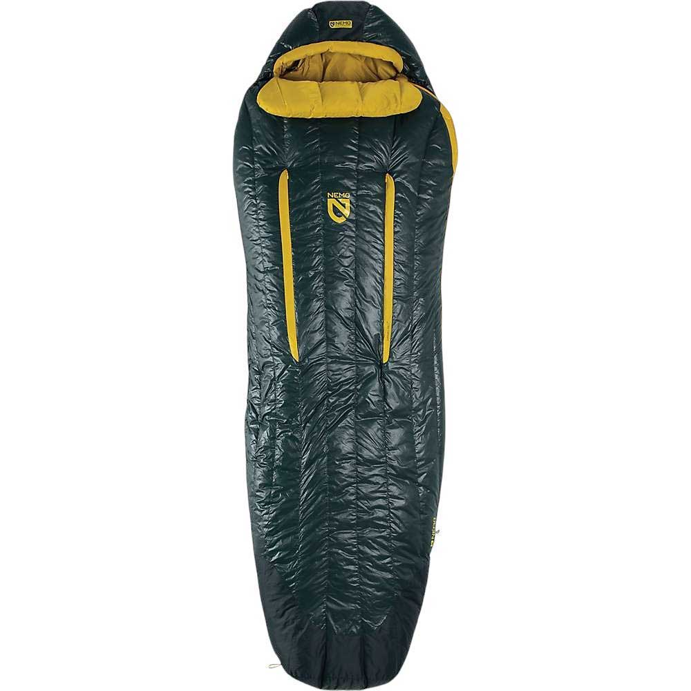 Men's sleeping bag with hood, dark fabric and yellow zipper tabs, straight view