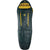 Men's sleeping bag with hood, dark fabric and yellow zipper tabs, straight view