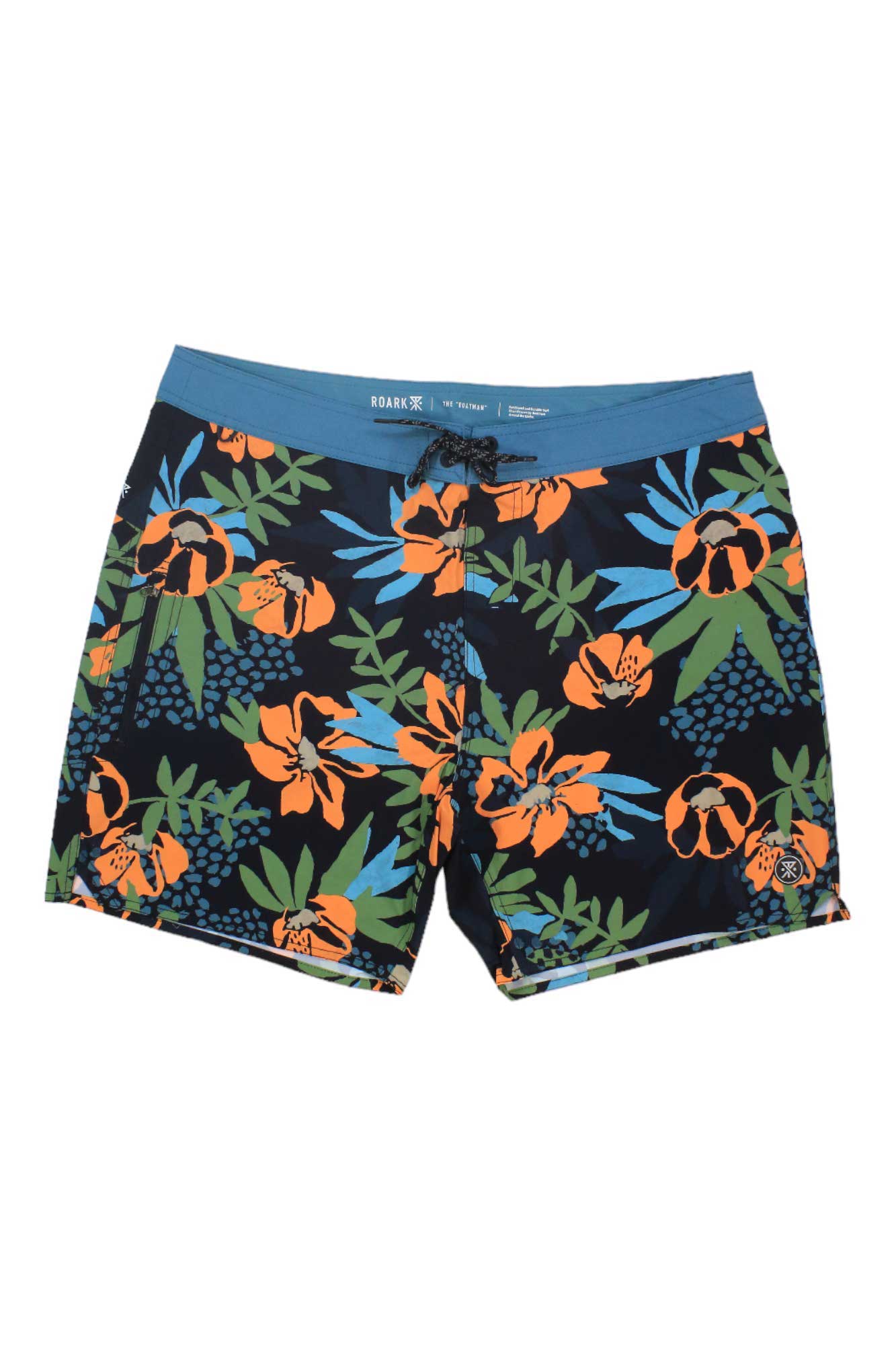The Roark Mens Boatman 2.0 17 Inch Boardshort features a blue waistband and a vibrant tropical floral print in orange, blue, and green on black, plus 4-way stretch—ideal for comfort during swim or surf adventures.