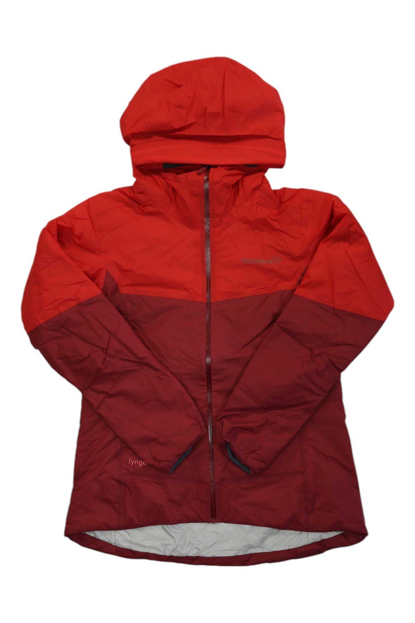 Women’s insulated hooded jacket, red with full-zip and gray inner hood lining