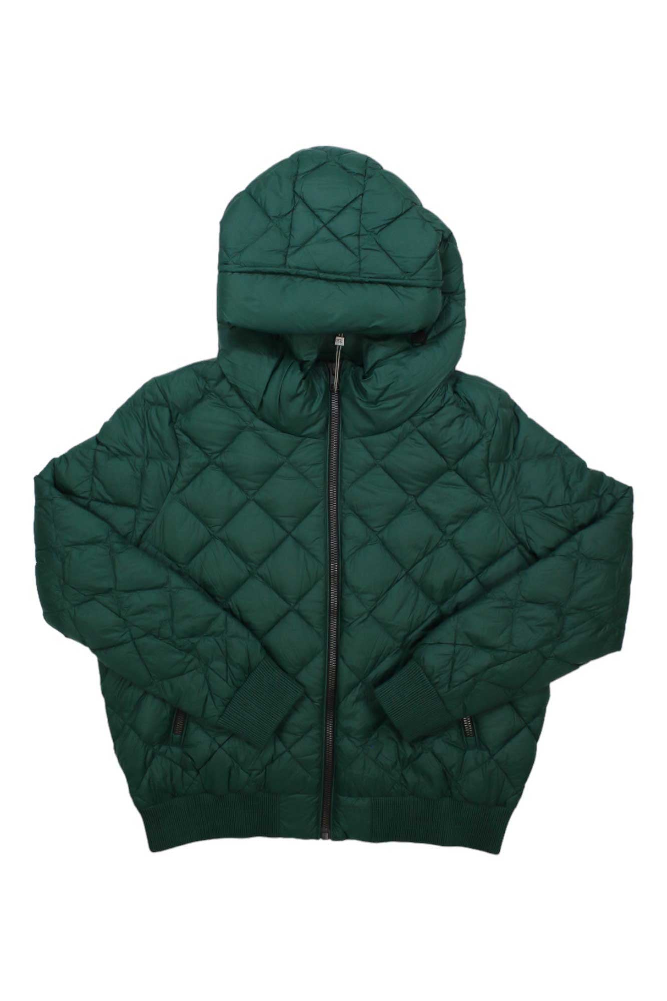 The Soia & Kyo Womens Senna-TD Hoodie is a dark green, quilted puffer jacket made from recycled nylon with a hood, front zipper, and two side pockets. Stylish, sustainable outerwear shown laid flat on a white background.