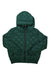 The Soia & Kyo Womens Senna-TD Hoodie is a dark green, quilted puffer jacket made from recycled nylon with a hood, front zipper, and two side pockets. Stylish, sustainable outerwear shown laid flat on a white background.