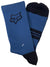 The Fox 6 Inch Ranger Sock is a pair of blue and black crew socks—one has a fox head logo, the other two black toe stripes—with compression arch support, ideal for mountain biking.