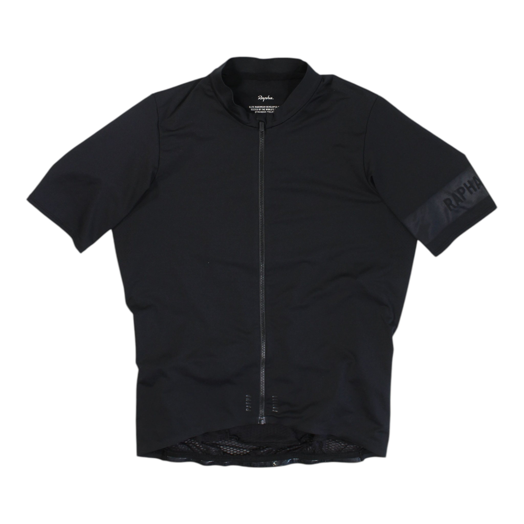 Black short-sleeve cycling jersey with full front zipper and stand collar
