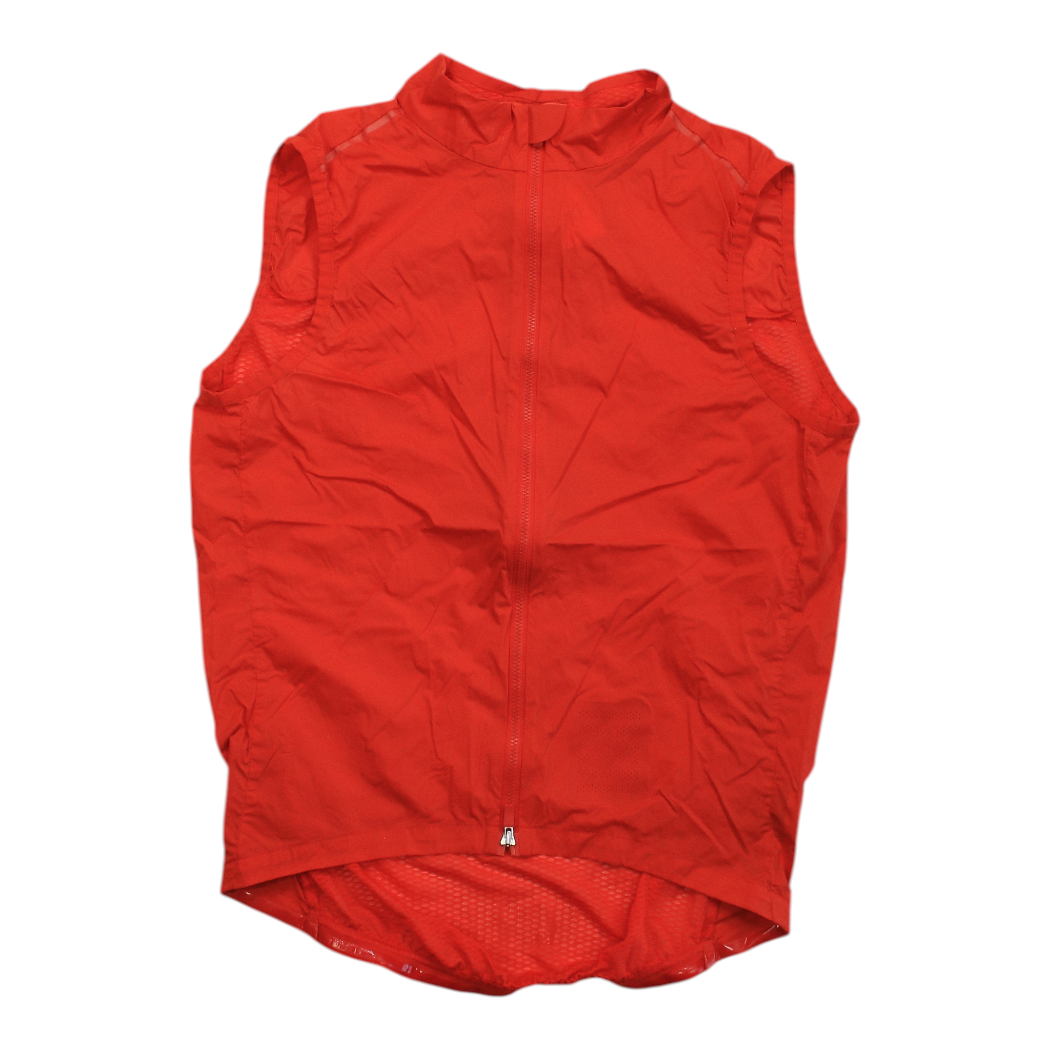 Red cycling gilet with stand collar, full front zipper, and mesh hem panel