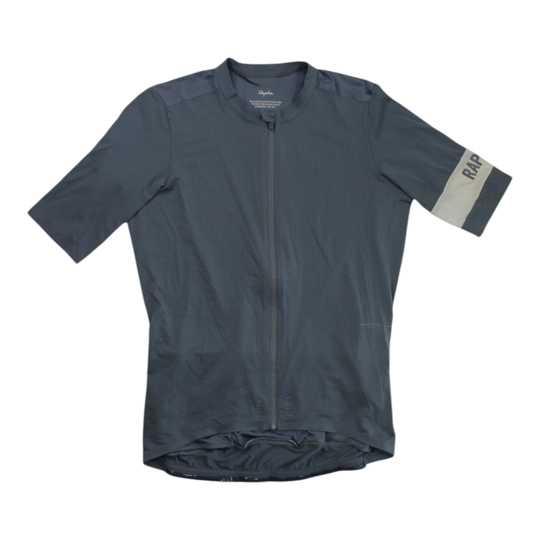 Men's dark blue cycling jersey, full-zip front, short sleeves with Rapha patch.