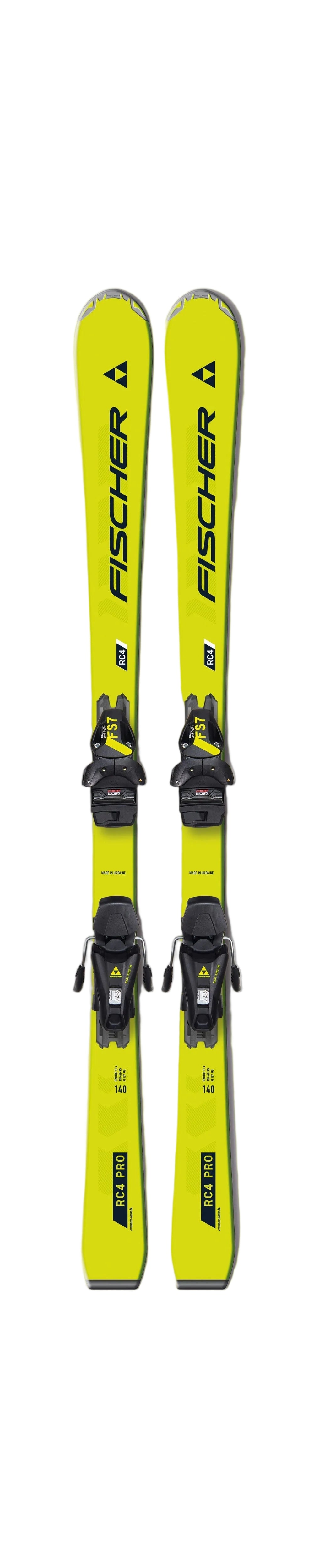 Kids yellow and black Fischer RC4 Pro Jr skis with FS 7 CA JR bindings, 130cm