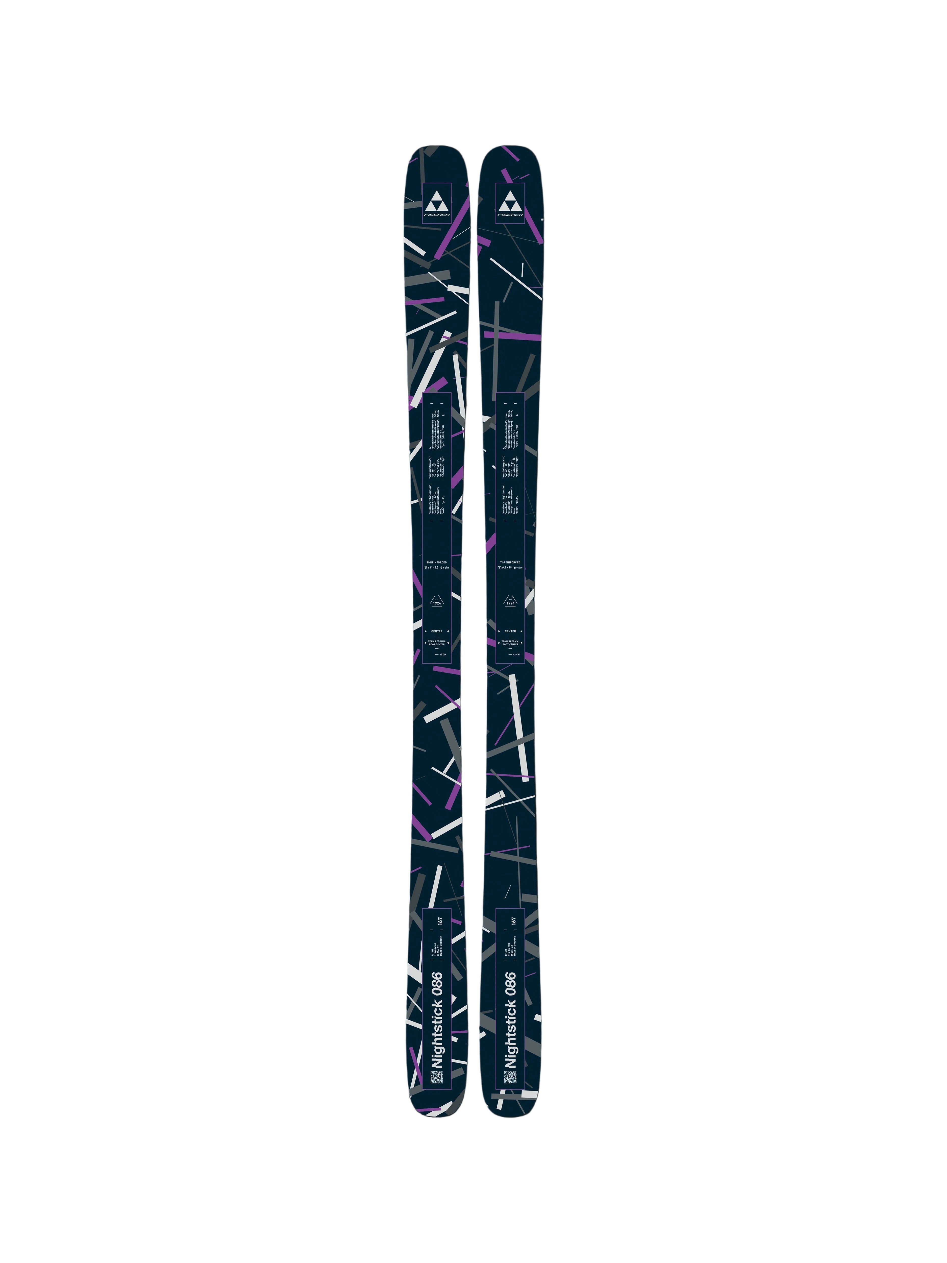 Black ski pair with purple and white graphic details, side view