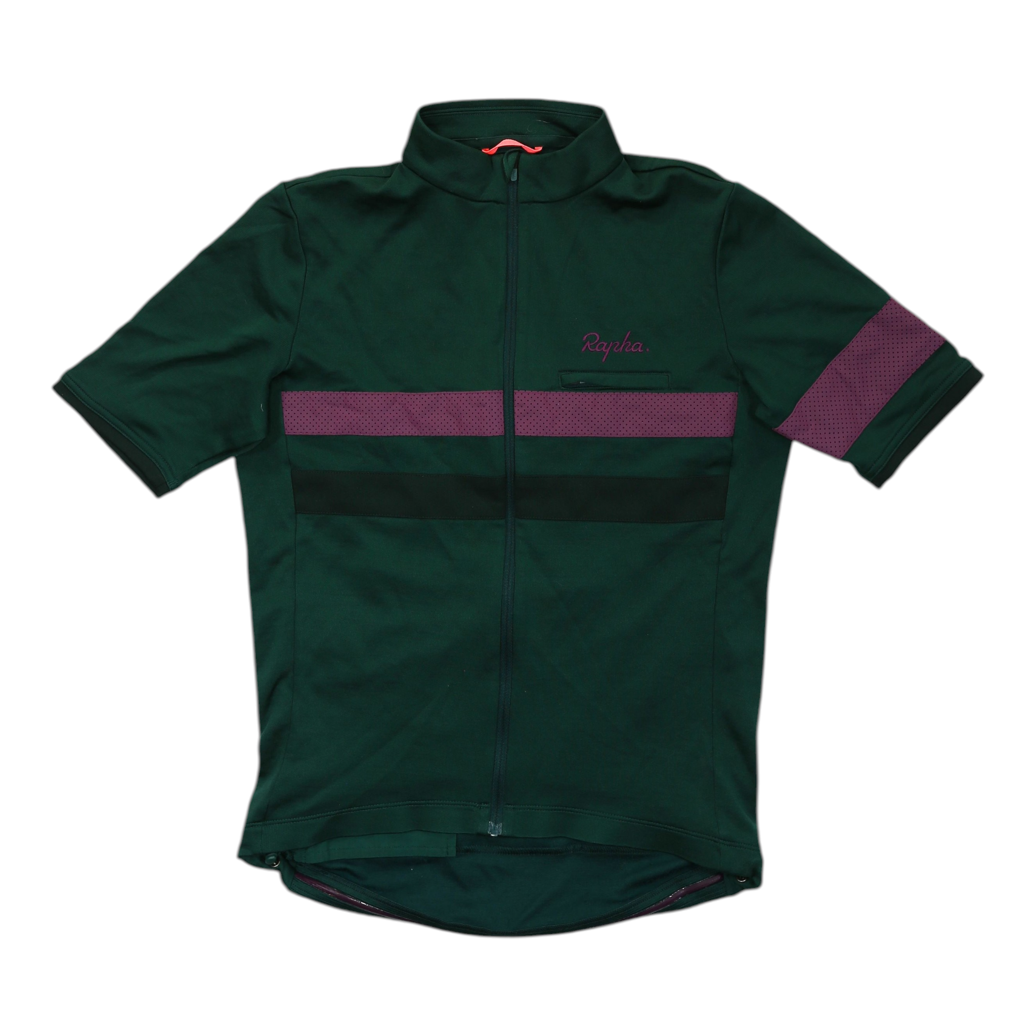 Lightweight cycling jersey in dark green with full front zipper and magenta reflective chest stripe