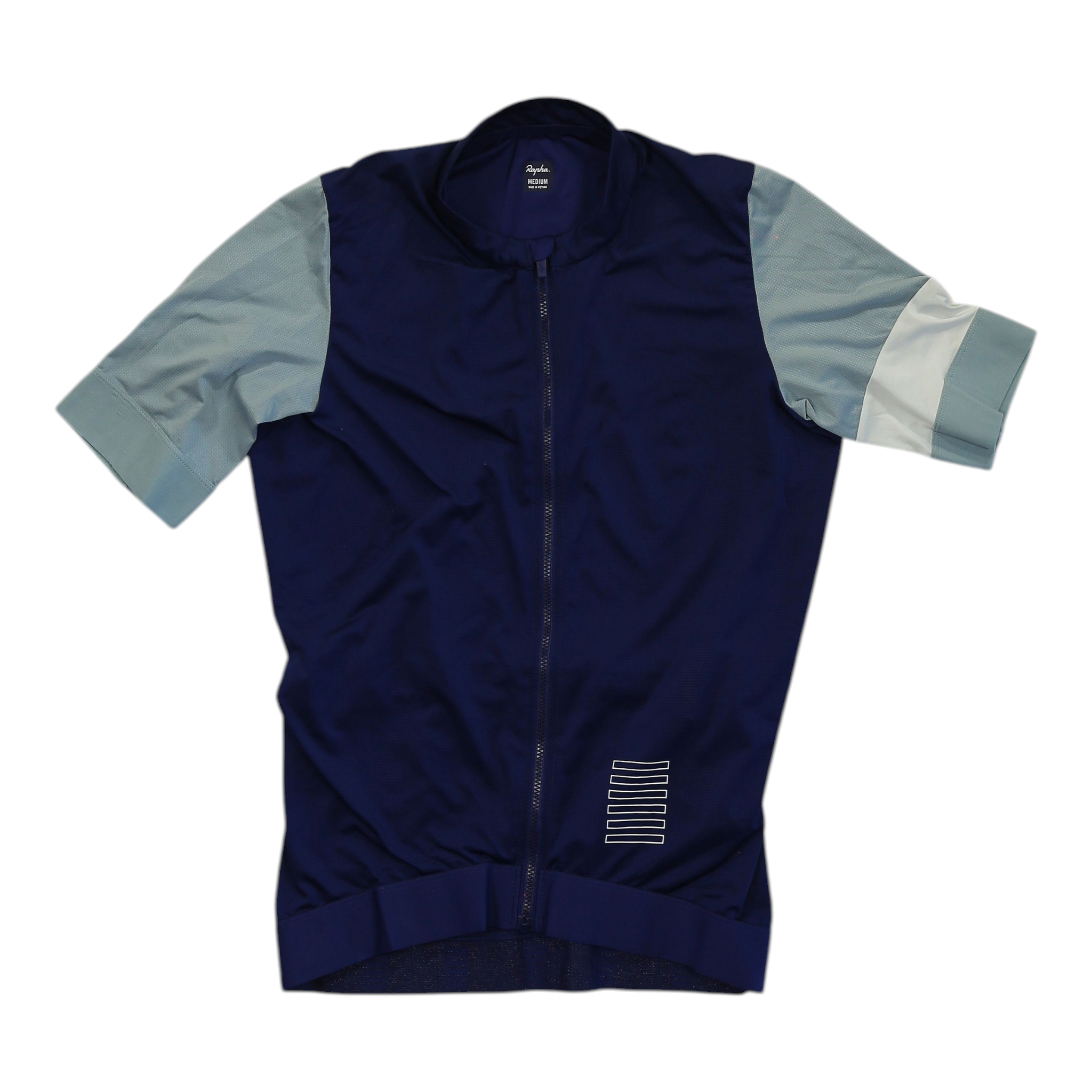 Navy blue short-sleeve cycling jersey with full-zip front and light gray sleeve panels