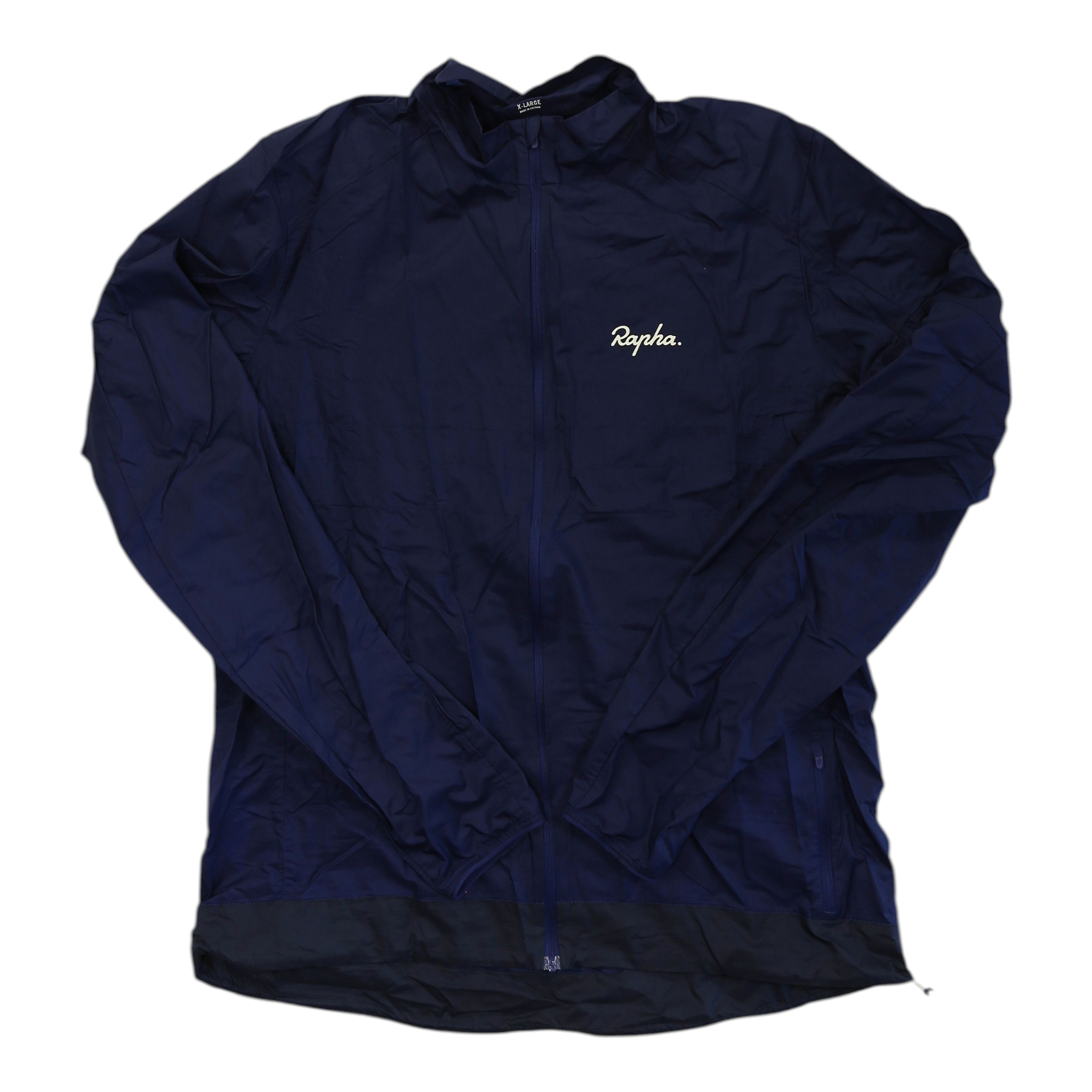 Lightweight jacket by Rapha, navy blue with contrast hem, front zip and stand collar