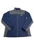 Blue and gray zip-up outdoor jacket with high collar and full front zipper