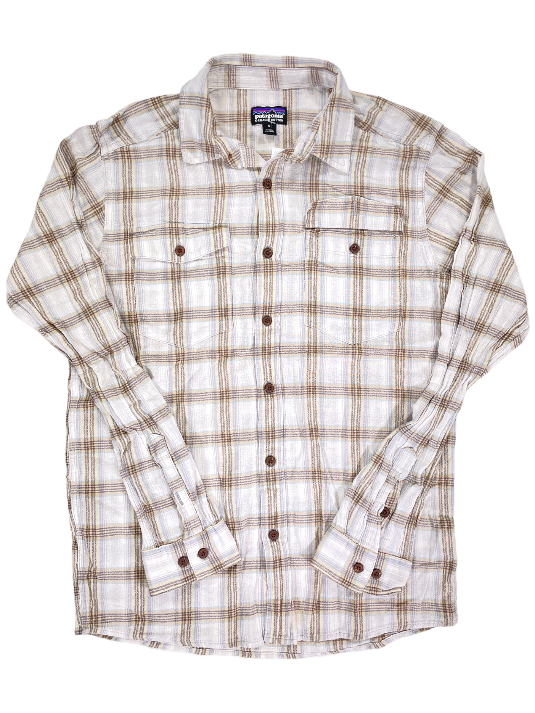 Men's long-sleeved steersman shirt, off-white plaid with tan and brown stripes, button front