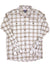 Men's long-sleeved steersman shirt, off-white plaid with tan and brown stripes, button front
