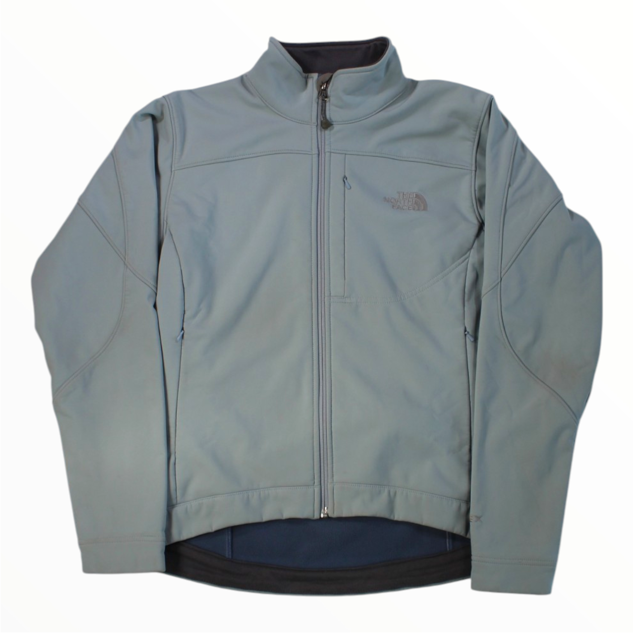 The North Face Apex Bionic jacket in light blue-gray, full-zip with stand collar and logo chest