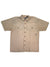 The Mens Short Sleeve Button Down Shirt features a beige color, lightweight fabric, collar, short sleeves, two chest pockets with button flaps, and visible stitching details.
