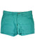 A pair of teal Womens Happy Hike Shorts featuring belt loops, button and zipper closure, and side pockets, laid flat on a white background—ideal for fans of outdoor apparel or hiking shorts.