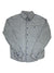 The Mens Long-Sleeved Vjosa River Pima Cotton Shirt, shown in light blue and white plaid with a collar, is displayed flat on a white background—ideal as a travel-friendly vacation top.