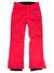 The Girls Backyard Snow Pants are bright red with a button and zipper closure, belt loops, wide legs, and black inner cuffs at the ankles. Shown laid flat on a white background with slight wrinkles.