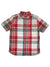 The Mens Plaid Short Sleeve Button Up features red, green, white, and orange plaid, a single chest pocket, and is made from ultrasoft cotton for all-day comfort.