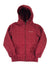 The Boys Rugged Ridge Sherpa Lined Jacket by Columbia is a red, hooded kids' jacket with a quilted design, front zipper, side pockets, and elastic cuffs displayed flat on a white background. Water-resistant and ideal for chilly days.