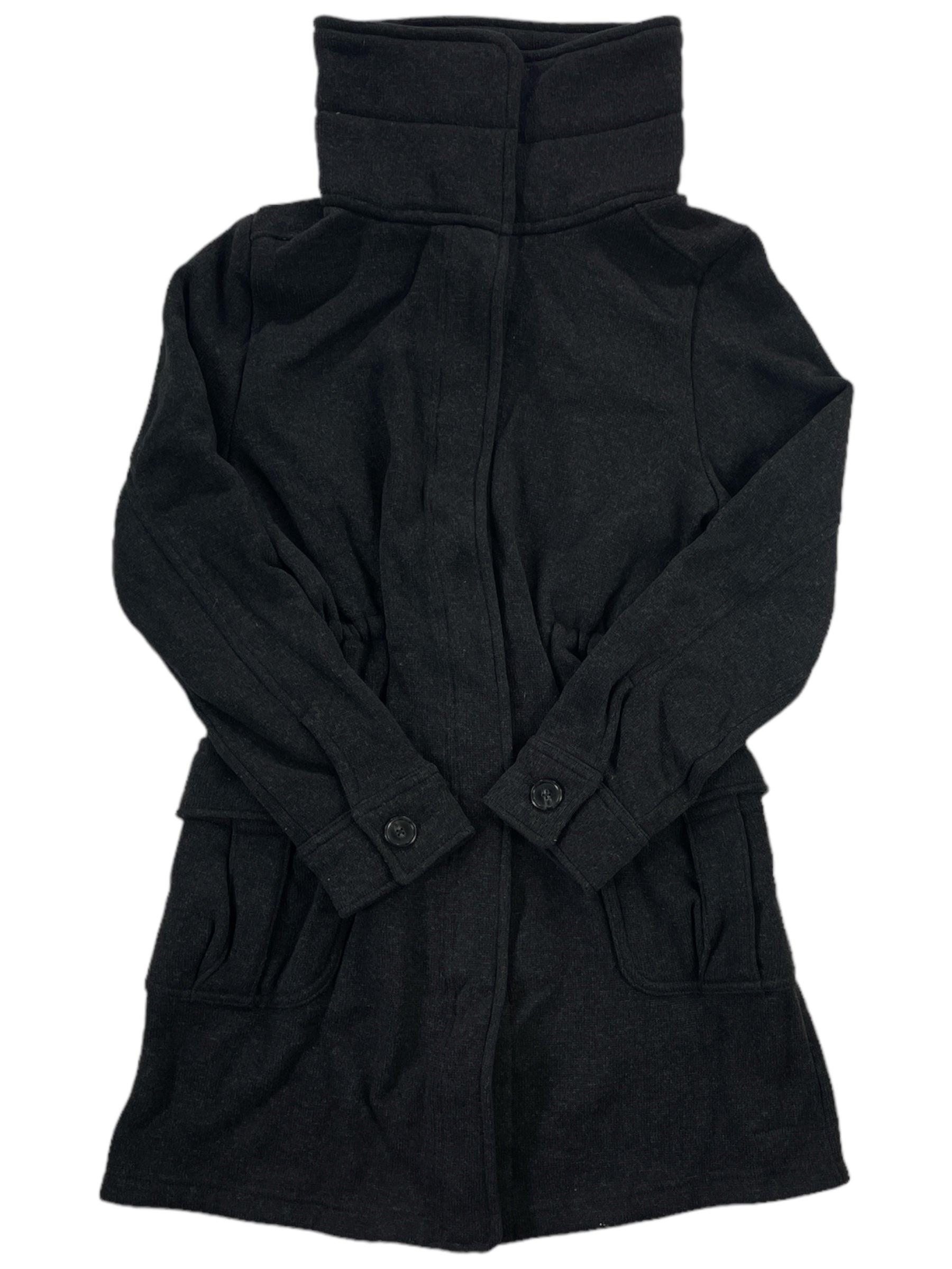 Women’s sweater coat, dark solid knit, high collar, full zipper, button cuffs