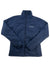 The Mens Whirlbird Insulated Jacket by Columbia is a navy blue jacket with long sleeves, a full front zipper, a stand-up collar, the Columbia logo on the left chest, and a simple quilted design.