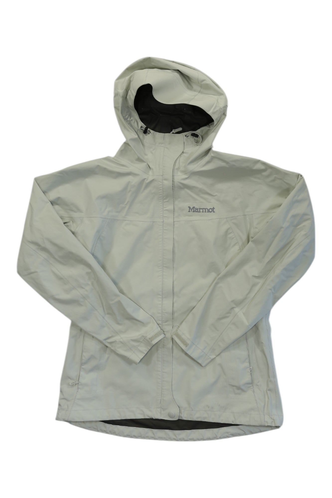 Men's light gray rain jacket with attached hood, full front zipper, Marmot logo