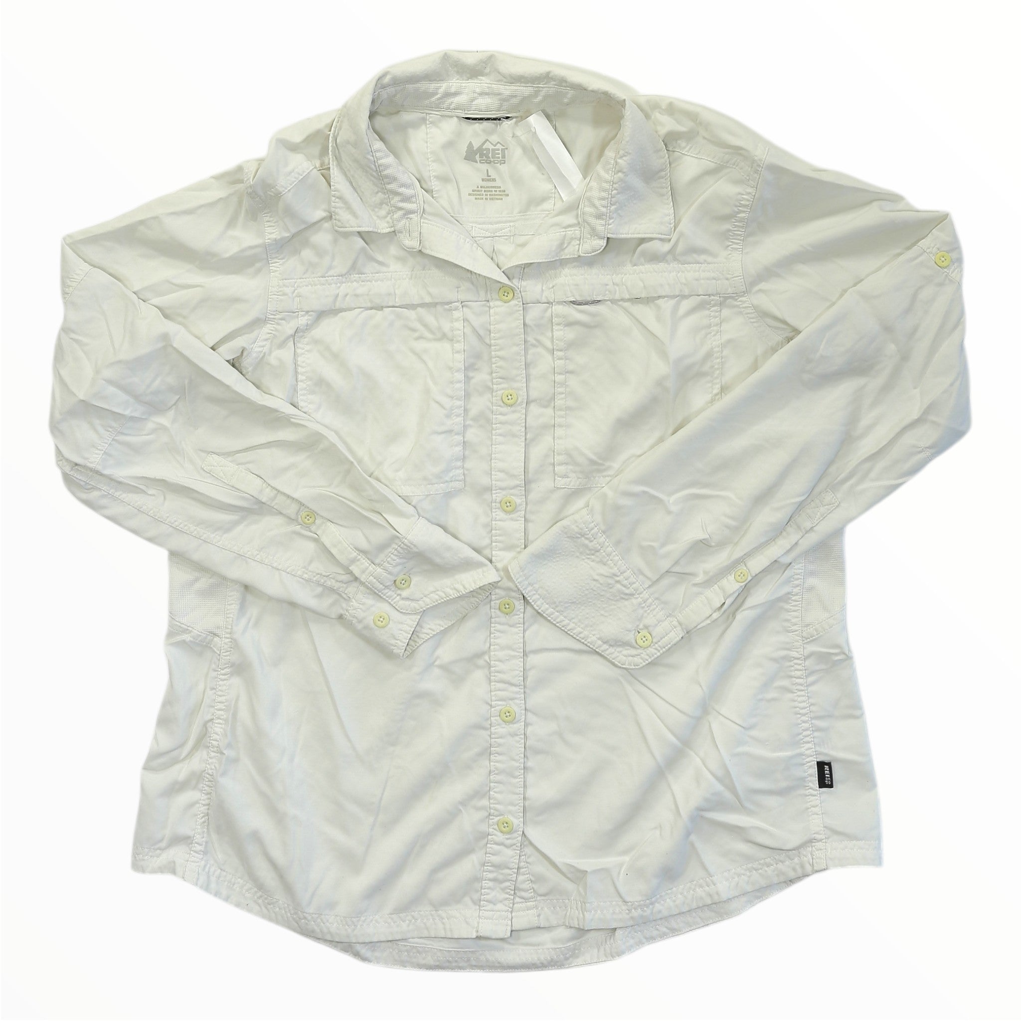 White women's button-up long-sleeve shirt with front buttons and chest pocket