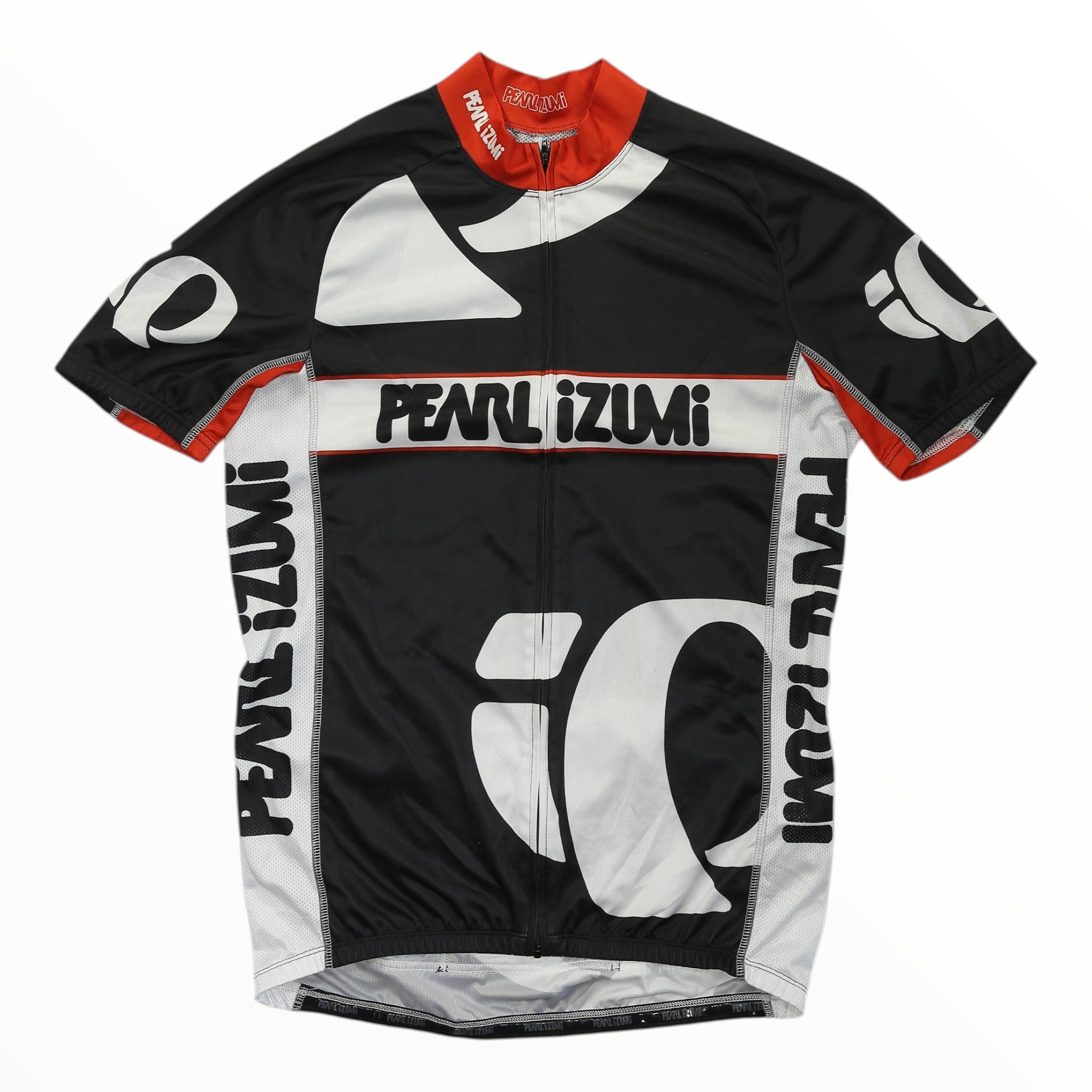 Black, white cycling jersey with Pearl Izumi logo and red collar trim