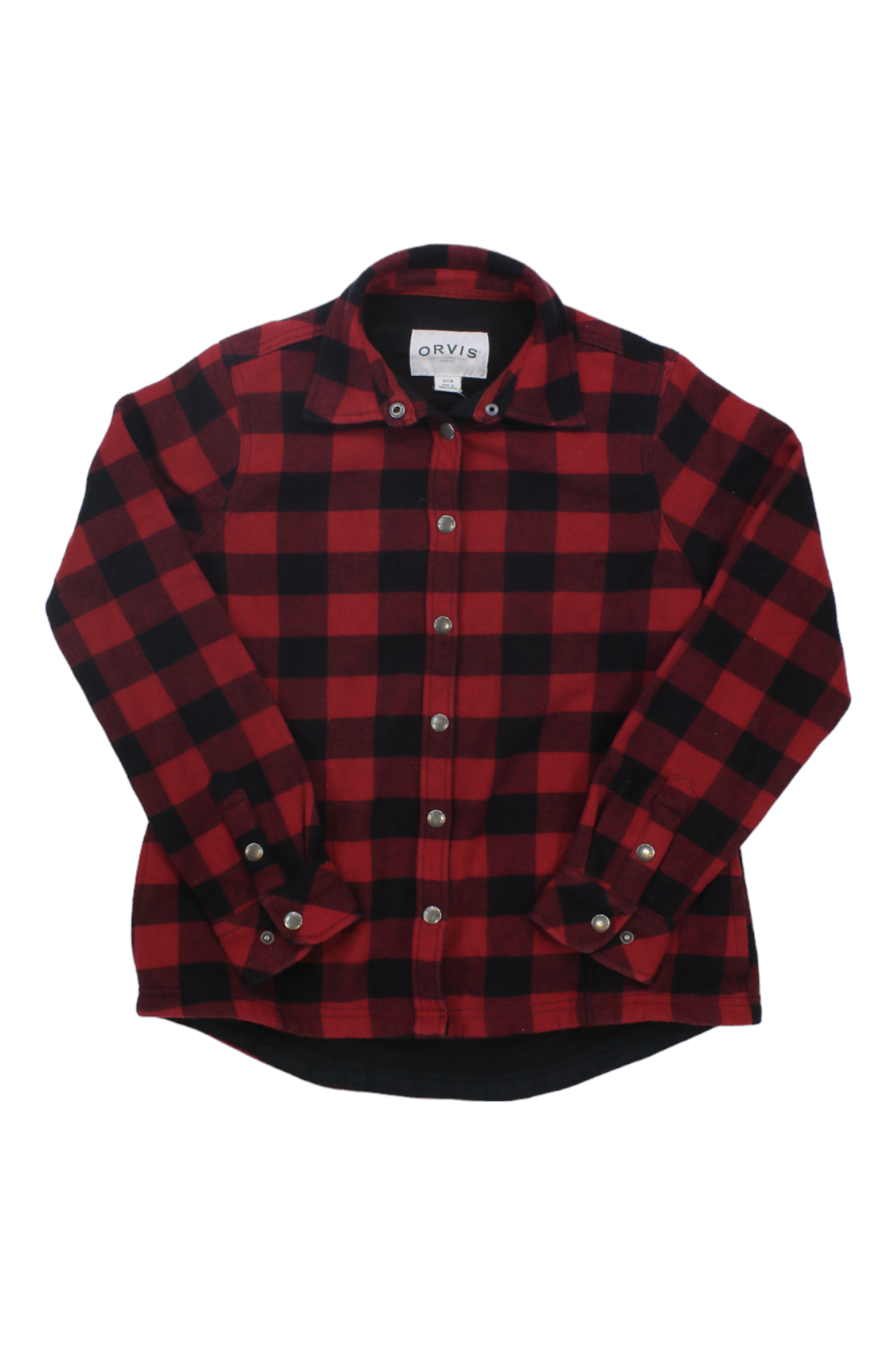 Women’s fleece-lined flannel shirt jacket, red and black plaid, button-up front, long sleeves