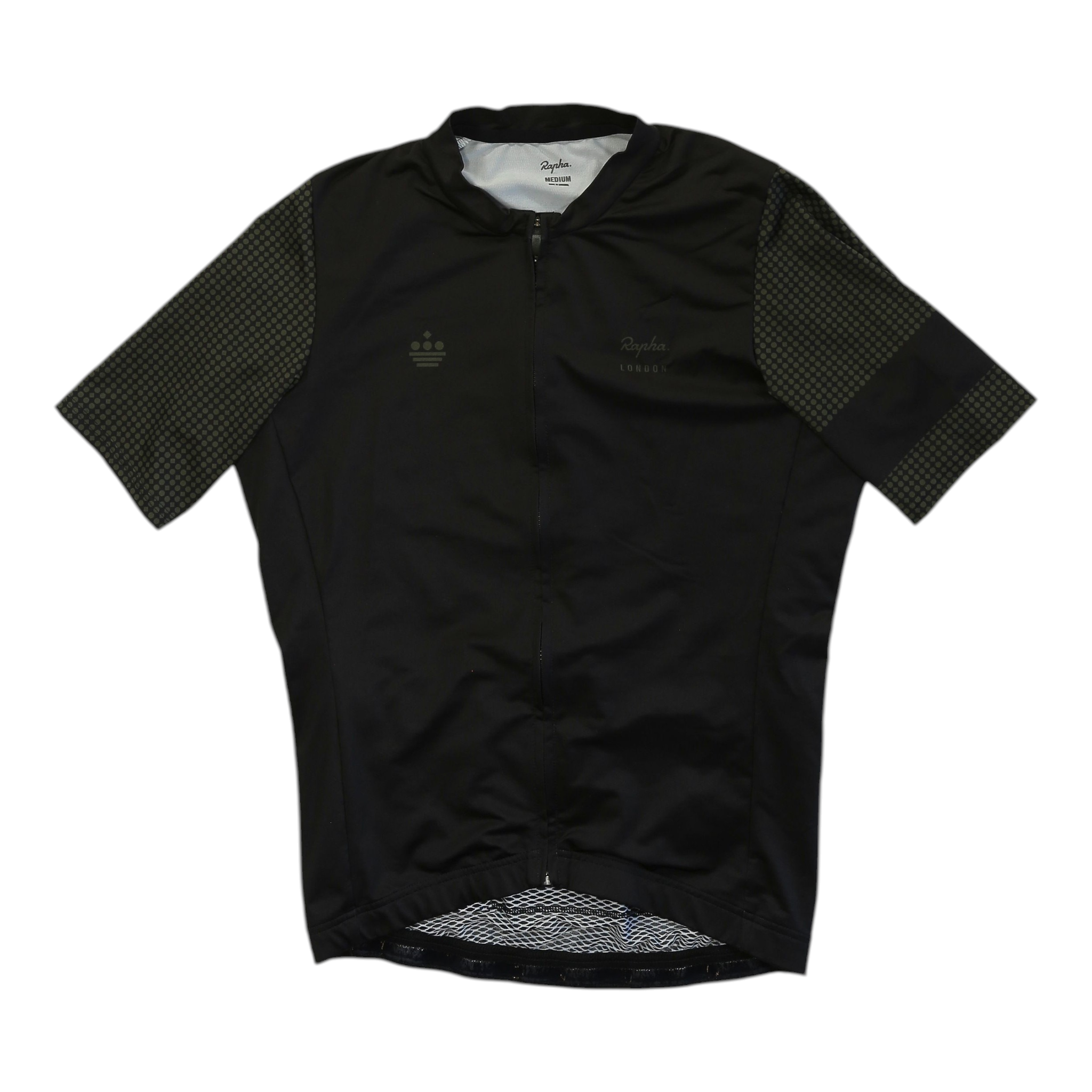 Black short-sleeve cycling jersey with full zipper and mesh side panels on sleeves