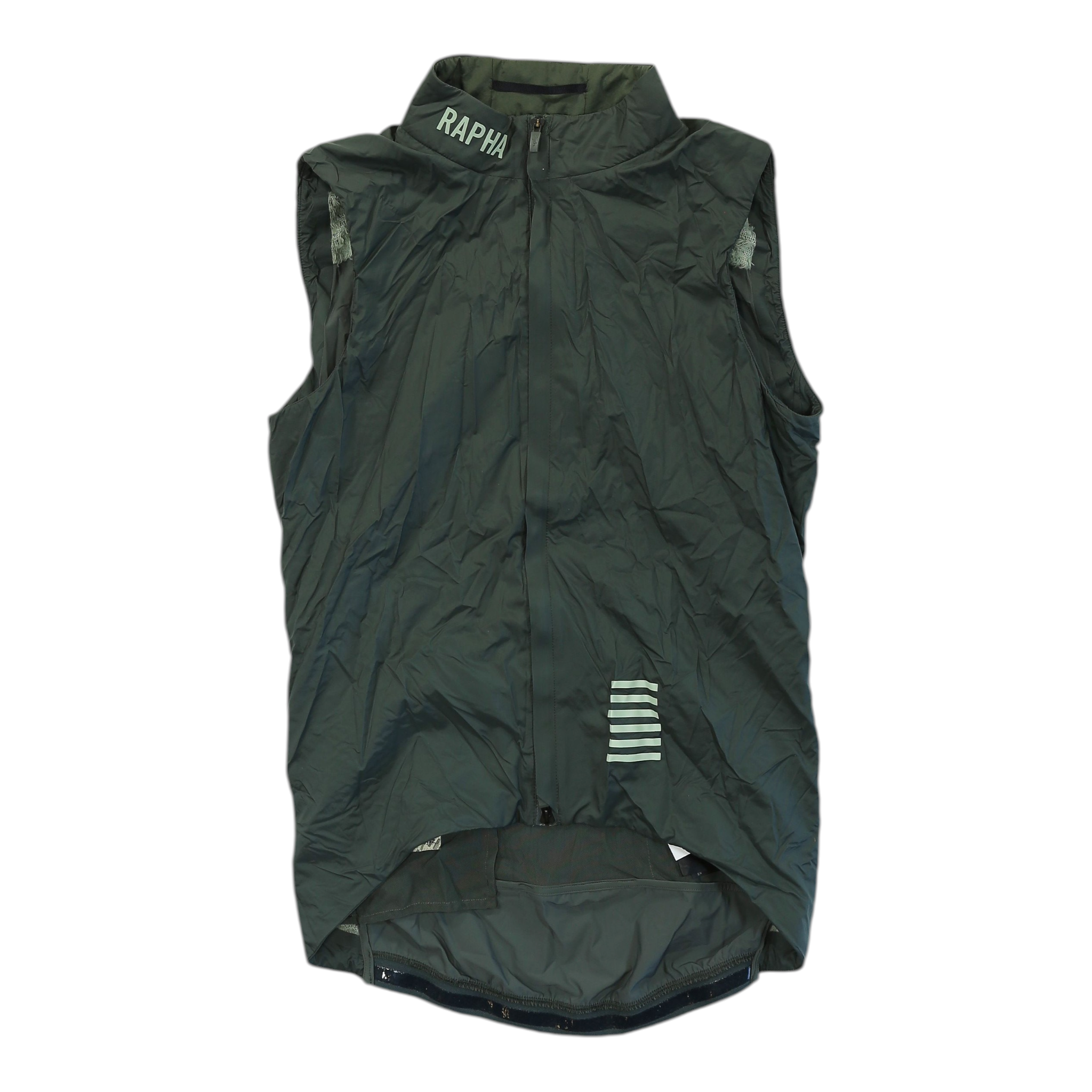 Men's dark green insulated cycling gilet with full zip and white vertical stripe logo